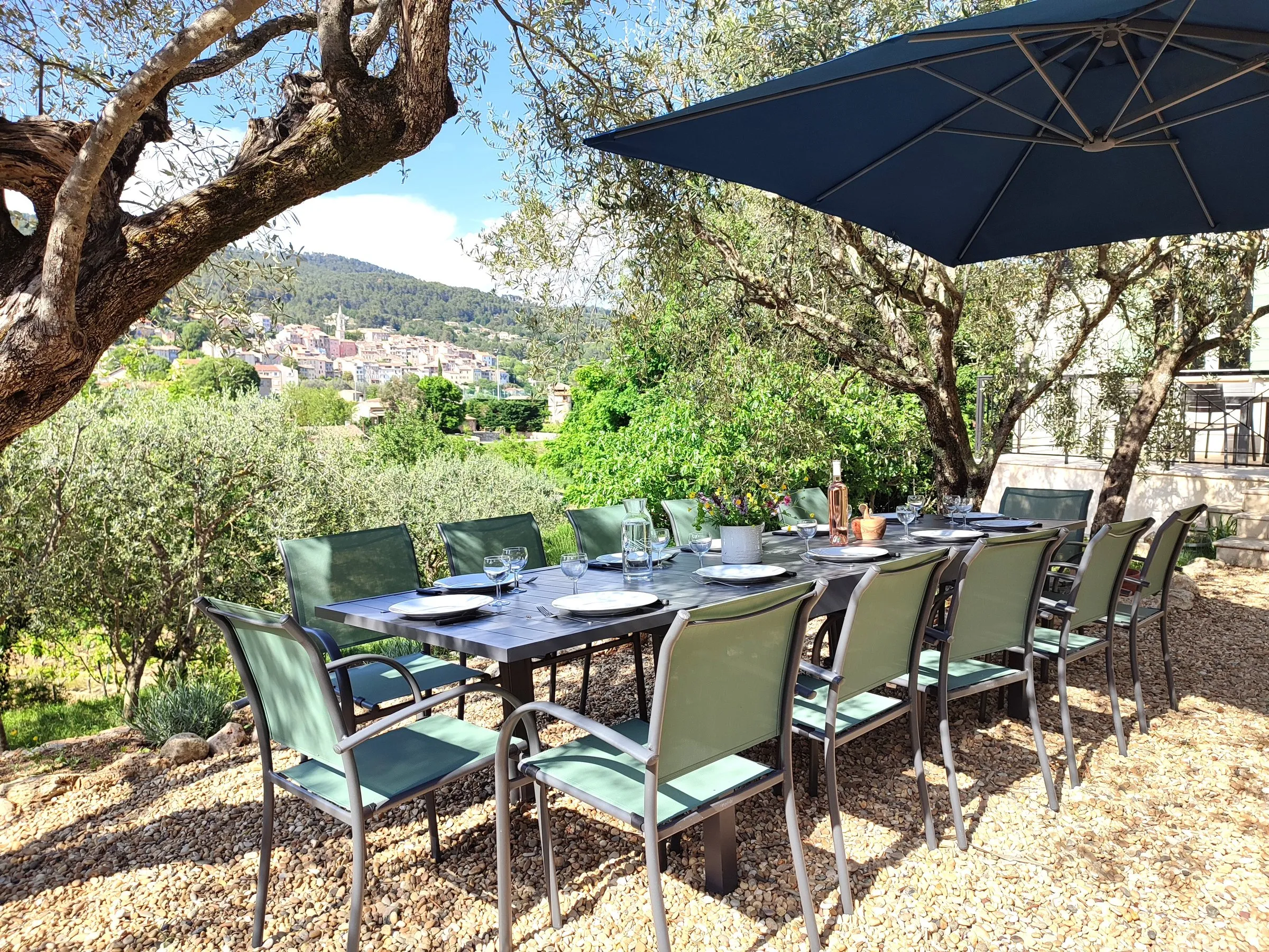 Grande table dressée sous les oliviers